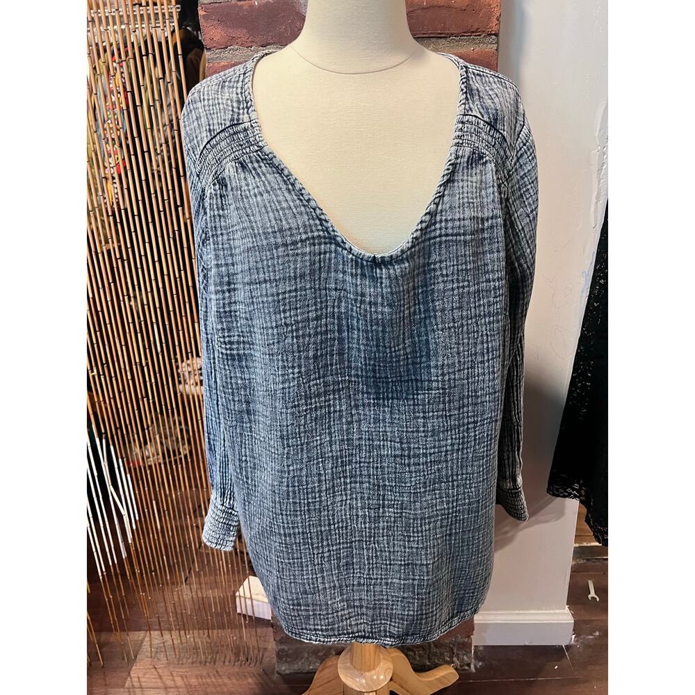 Women's Boho Hippie Plus Size Crinkle Gauze Blouse V-Neck Gray Blue Tunic 1X - Picture 9 of 9